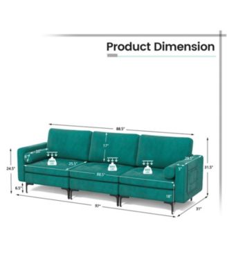 97 in Modular 3-Seat Sofa Couch with USB Ports and Side Storage Pocket