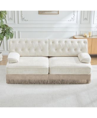 Velvet Loveseat Sofa, Mid-Century Upholstered Couch with Button Tufted Design and Floor-grazing Tassel Fringe Skirt for Living Room
