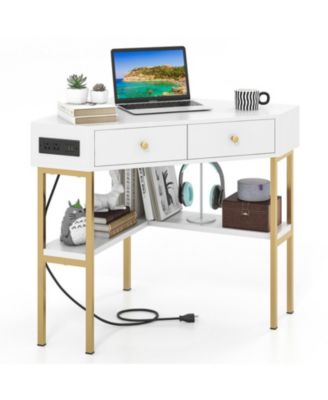 Triangular Corner Desk with Charging Station, 2 Drawers and Bottom Storage Shelf