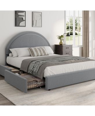 Full Boucle Upholstered Bed Frame with 2 Storage Drawers and Round Headboard, No Box Spring Needed