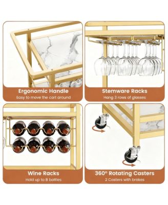 Bar Cart with Wine Rack & Glass Holder with Removable Tray - Swivel Casters