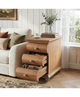 Solid Wood End Table Set of 2, 3 Drawers Narrow Sofa Side Table with Finished Back, Rustic Slim Nightstand Bedside Table