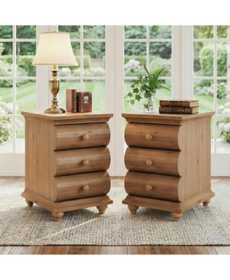 Solid Wood End Table Set of 2, 3 Drawers Narrow Sofa Side Table with Finished Back, Rustic Slim Nightstand Bedside Table