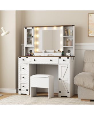 Farmhouse Vanity Desk with LED Mirror and Charging Station - 6 Drawers, 2 Cabinets, Soft Cushioned Stool, Adjustable 3-Color Lighting