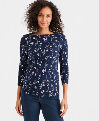 petite Printed Pima Cotton 3/4 Sleeve Boat-Neck Top
