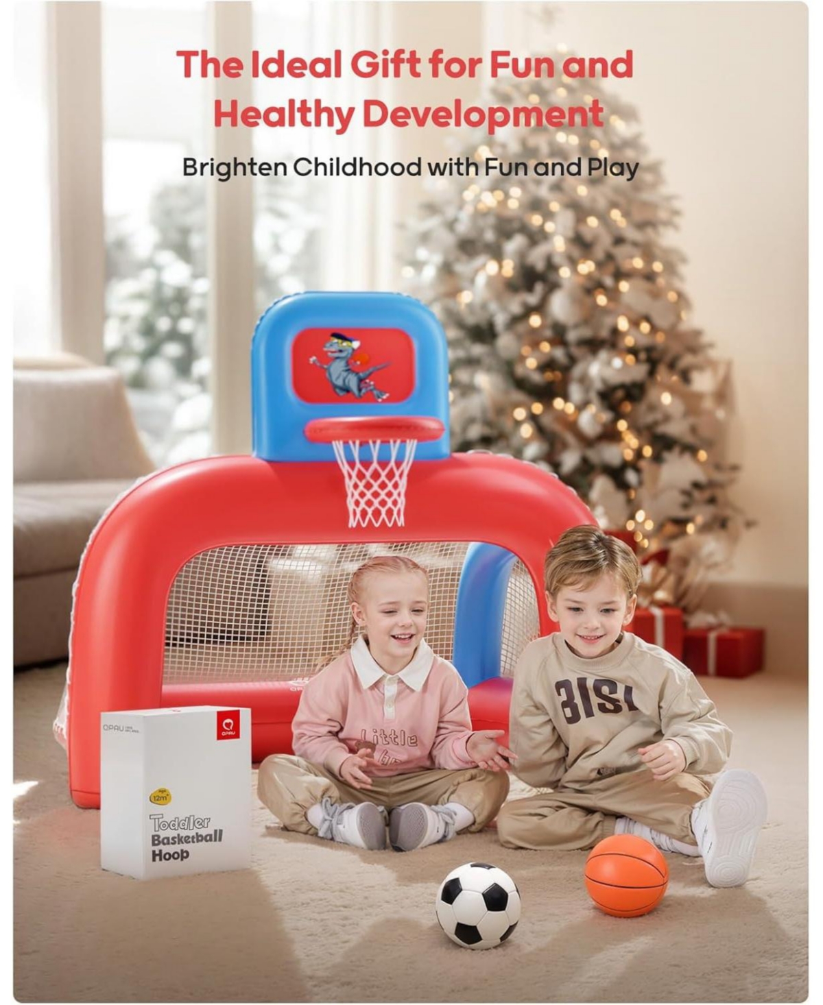 Qpau 2-in-1 Inflatable Toddler Basketball Hoop and Soccer Goal Set, Indoor Outdoor Sports Center Toys