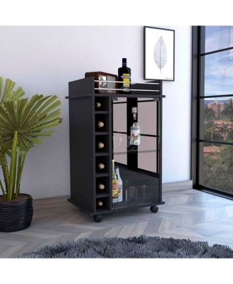 Wengue 2-Tier Glass Door Bar Cart with 6 Cubbies and Lockable Wheels
