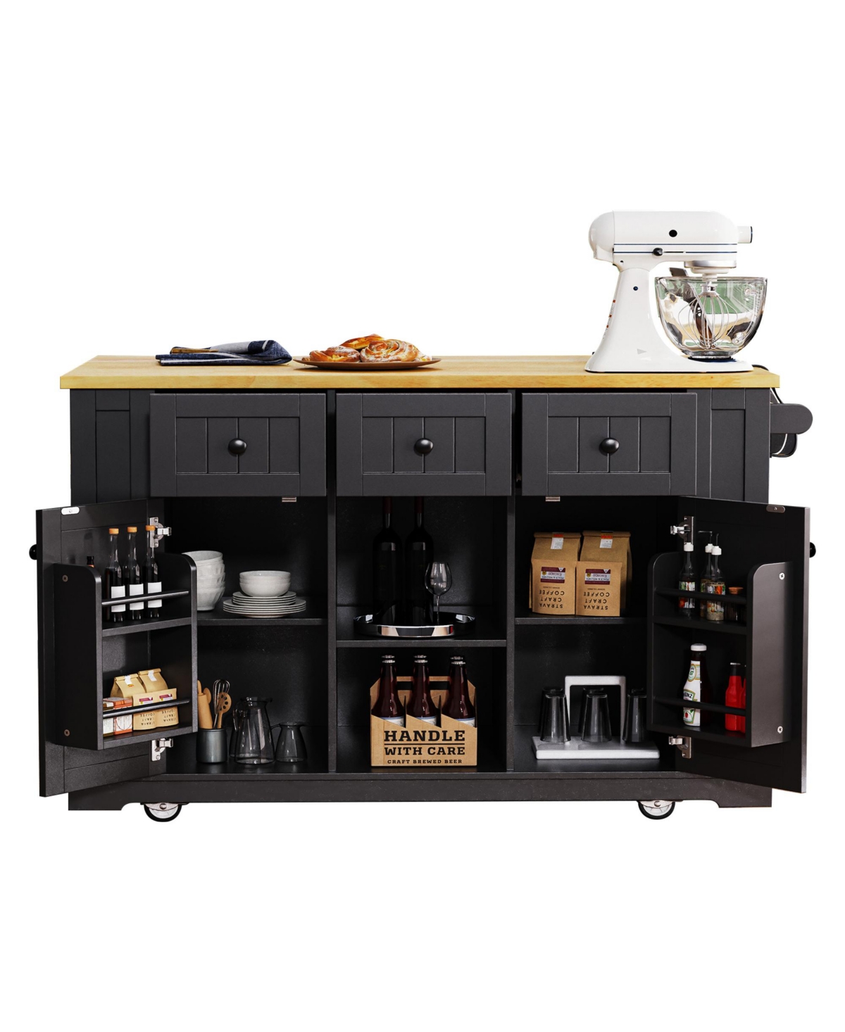 Flynama 53" Kitchen Island with Drop Leaf and Power Outlet, Rolling Storage Cart on 5 Wheels