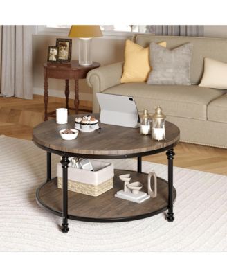 34.25 in Industrial Farmhouse Round Coffee Table with 2 Tier Wood Design, Open Storage Shelf, Metal Frame, Easy Assembly