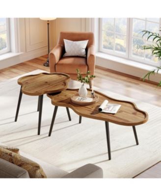 Nesting Coffee Table Set of 2, Solid Wood Coffee Tables with Cloud Tabletop