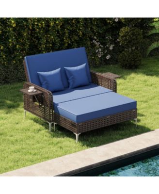 2 Piece Patio Rattan Daybed Wicker Loveseat and Ottoman with Adjustable Backrest