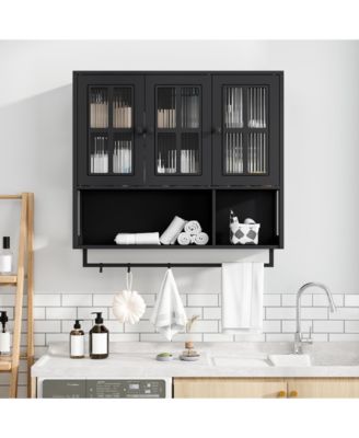 Wooden Bathroom Wall Cabinet with Glass Door and Towel Bar, Modern Minimalist Wall Mounted Storage Cabinet for Bathroom and Living Room