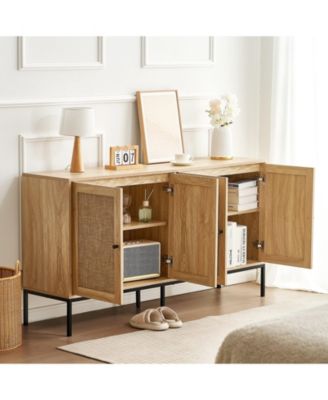 Rattan Cabinet, Rattan Storage Cabinet with 4 Magnetic Doors and Adjustable Shelves, Sideboard Buffet Cabinet for Hallway, Entryway, Living Room