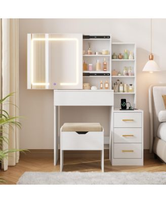 Modern Makeup Vanity Desk - Sliding Mirror, LED Adjustable Lighting, Charging Station, 4 Drawers and 7 Storage Shelves, Vanity Table with Stool