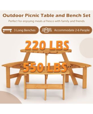 6-Person Round Picnic Table Set with 3 Built-in Benches and Umbrella Hole