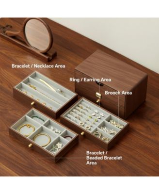 Solid Black Walnut Jewelry Organizer Box 3 Drawers Velvet Lined Brass Handles Large Storage