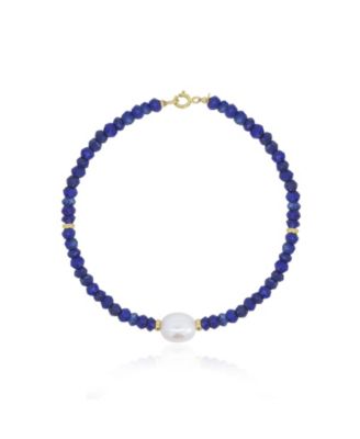Lapis Bead Pearl Bracelet 14K Gold