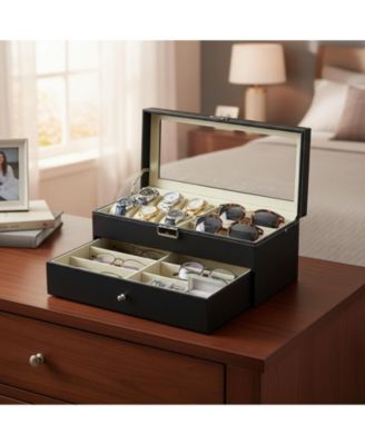 Leather 6 Watch Box 9 Eyeglasses Storage Lockable Organizer Two Levels Clear Glass Top