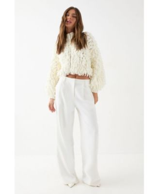 Women's Zip Up Cream Fringe Loop Cardigan
