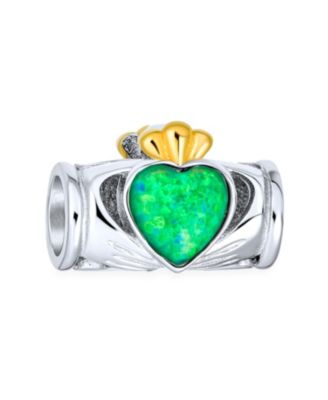 Created Green Opal Heart Claddagh Charm Bead .925 Sterling Silver for Bracelet