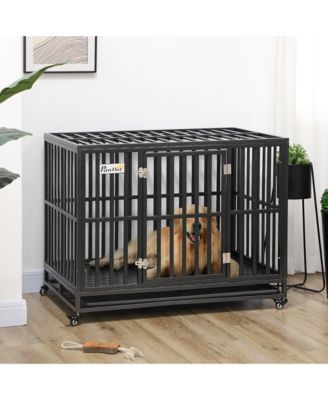 Heavy Duty Metal Dog Crate Kennel with Lockable Wheels, Slide-Out Tray and Anti-Pinch Floor