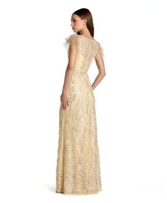 Women's V Neck Flutter Sleeve Embroidered Lace Gown