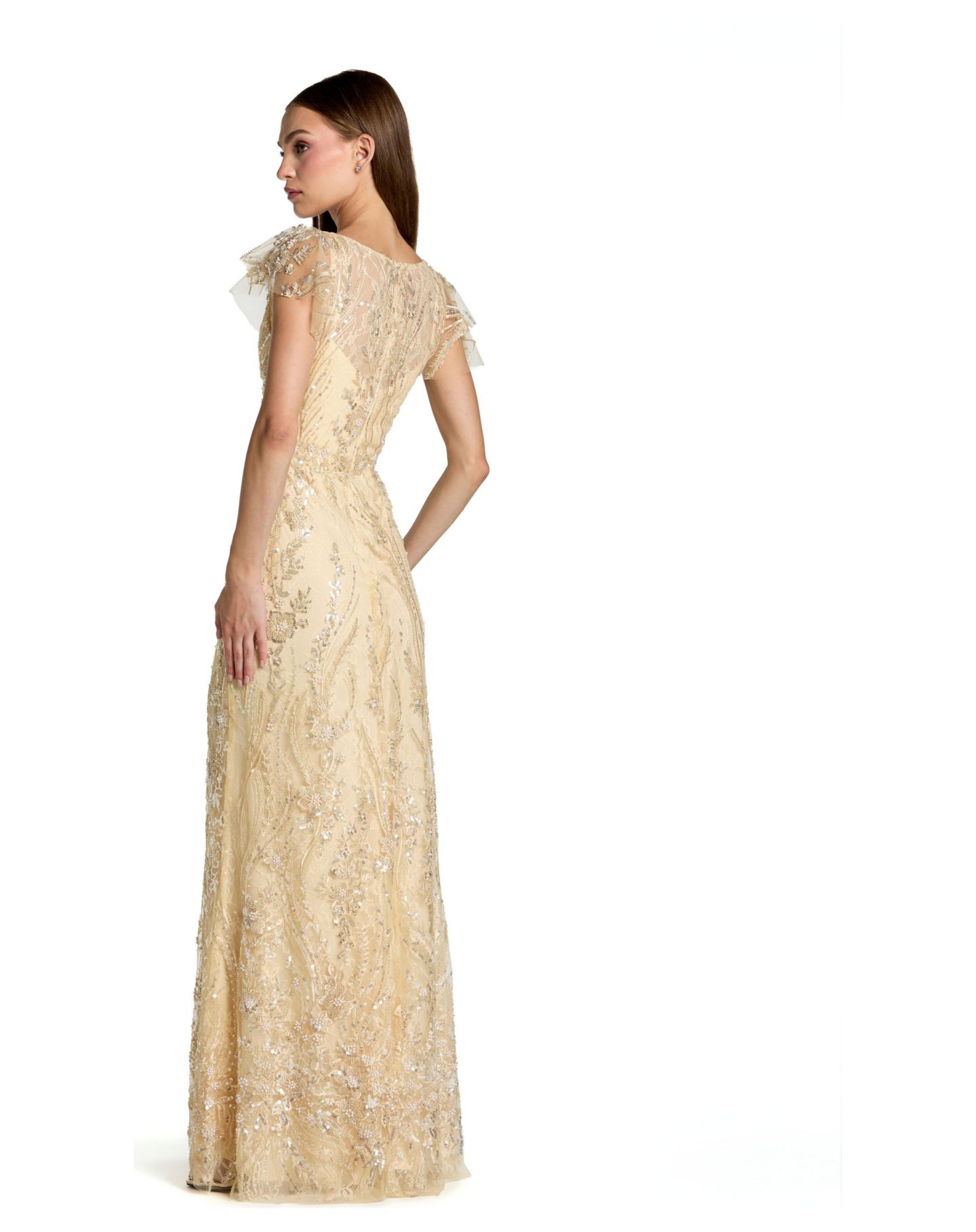 Женские платья Mac Duggal V Neck Flutter Sleeve Embroidered Lace Gown, цвет: Золотой — фото 2