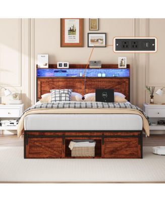LUCKY ONE Full Size Bed Frame with Storage Headboard and LED Lights ...