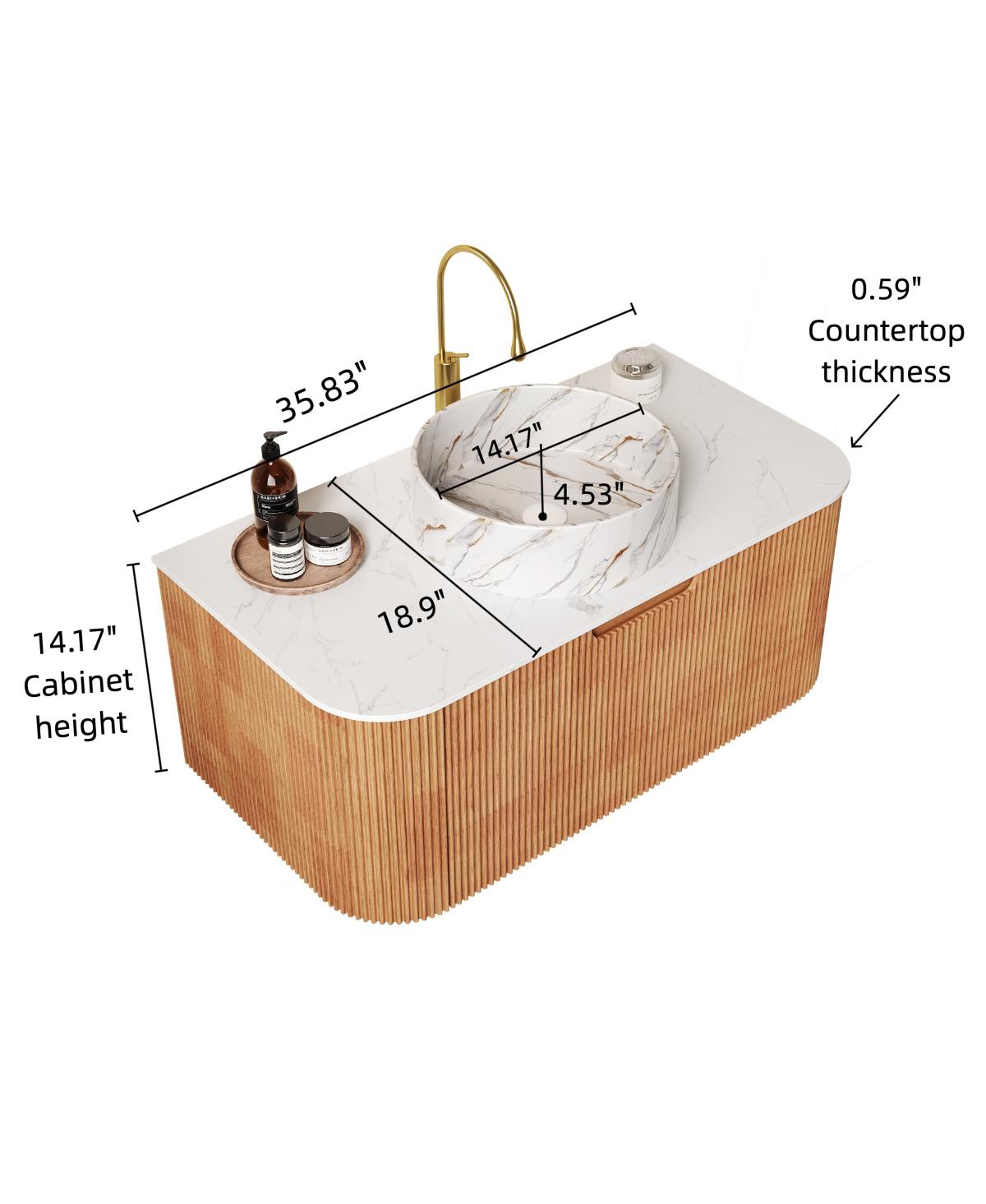 Sillysis Modern Bathroom Vanity with Stone Pattern Ceramic Basin, 3D Striped Wood Drawer, Wall Mounted Storage Cabinet