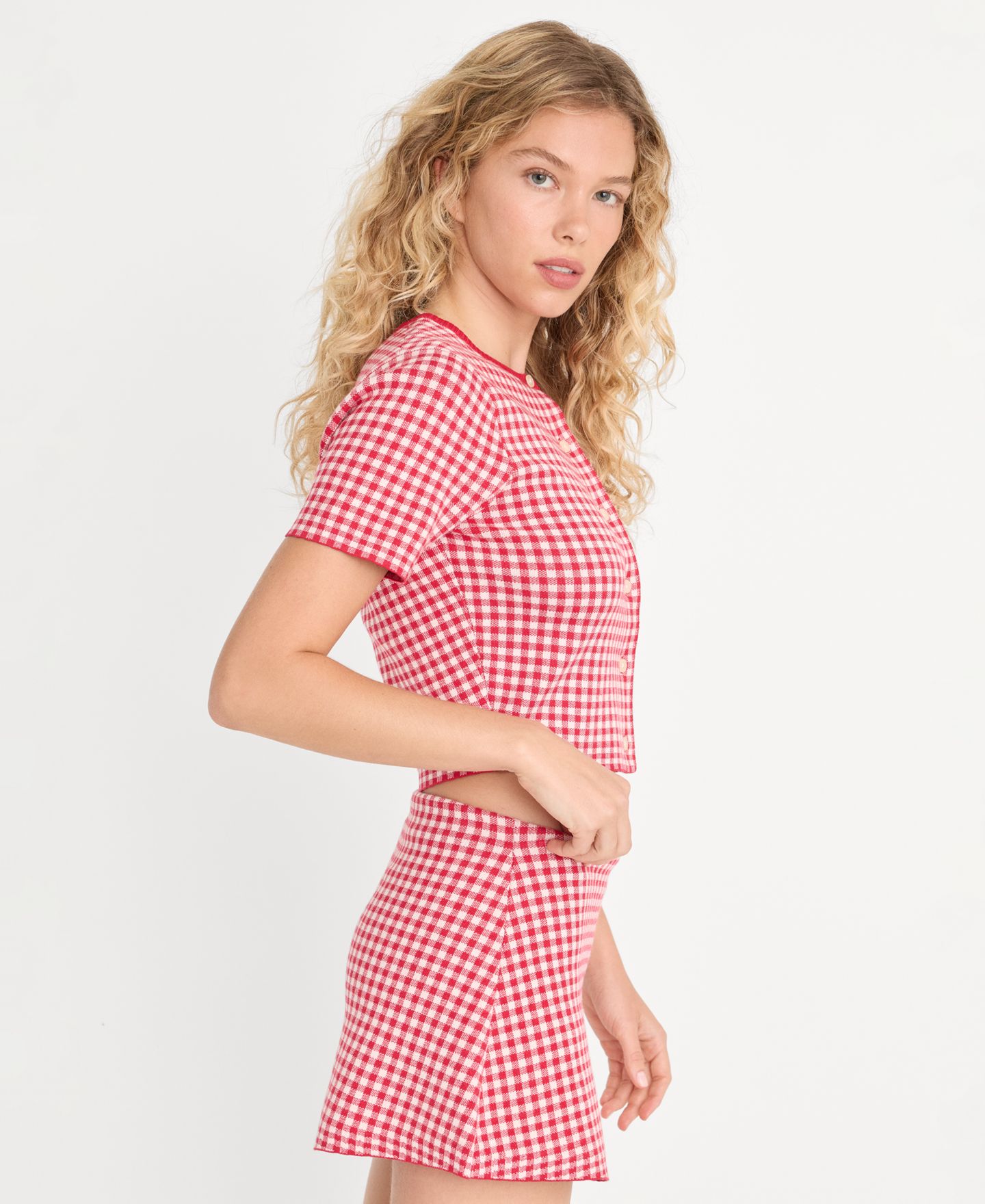 Женский кардиган Good American Cropped Short-Sleeve Cardigan, цвет: Вишнёвый в мелкую клетку — фото 3