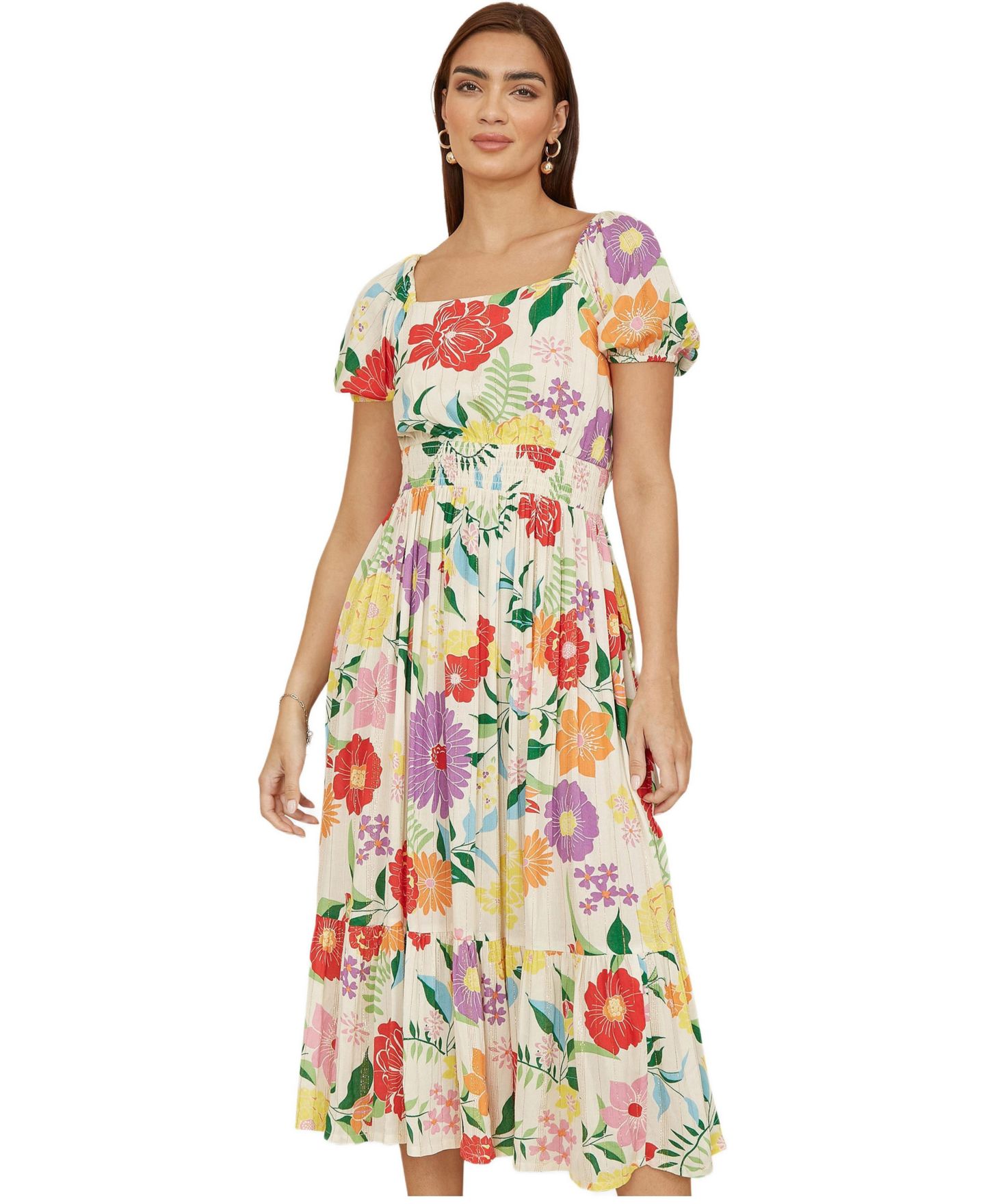 Женское платье Yumi Short Sleeve Square Neck Midi, цвет: Разноцветный — фото 2