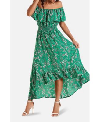 Women's Floral Bardot Ruffled Hem Midi Dress
