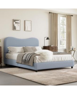 Boucle Bed Frame with Upholstered Headboard, Soft Low Profile Sturdy Platform Bed with Rounded Corners Design