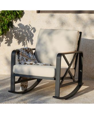 Outdoor Rocking Chair with Cushions, Patio Rocking Chair with Steel Frame and Olefin Fabric Seat