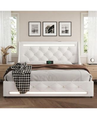 Queen Size Bed Frame with Wingback Upholstered Diamond Headboard and 2 Storage Drawers