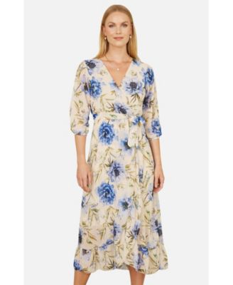 Women's 3/4 Sleeve V-Neck Wrap Midi Dress