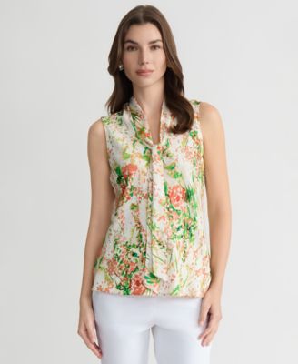 Women's Floral-Print Sleeveless Tie-Neck Top