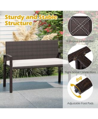 Wicker 2-Seat Bench with Soft Seat Cushion and Metal Frame