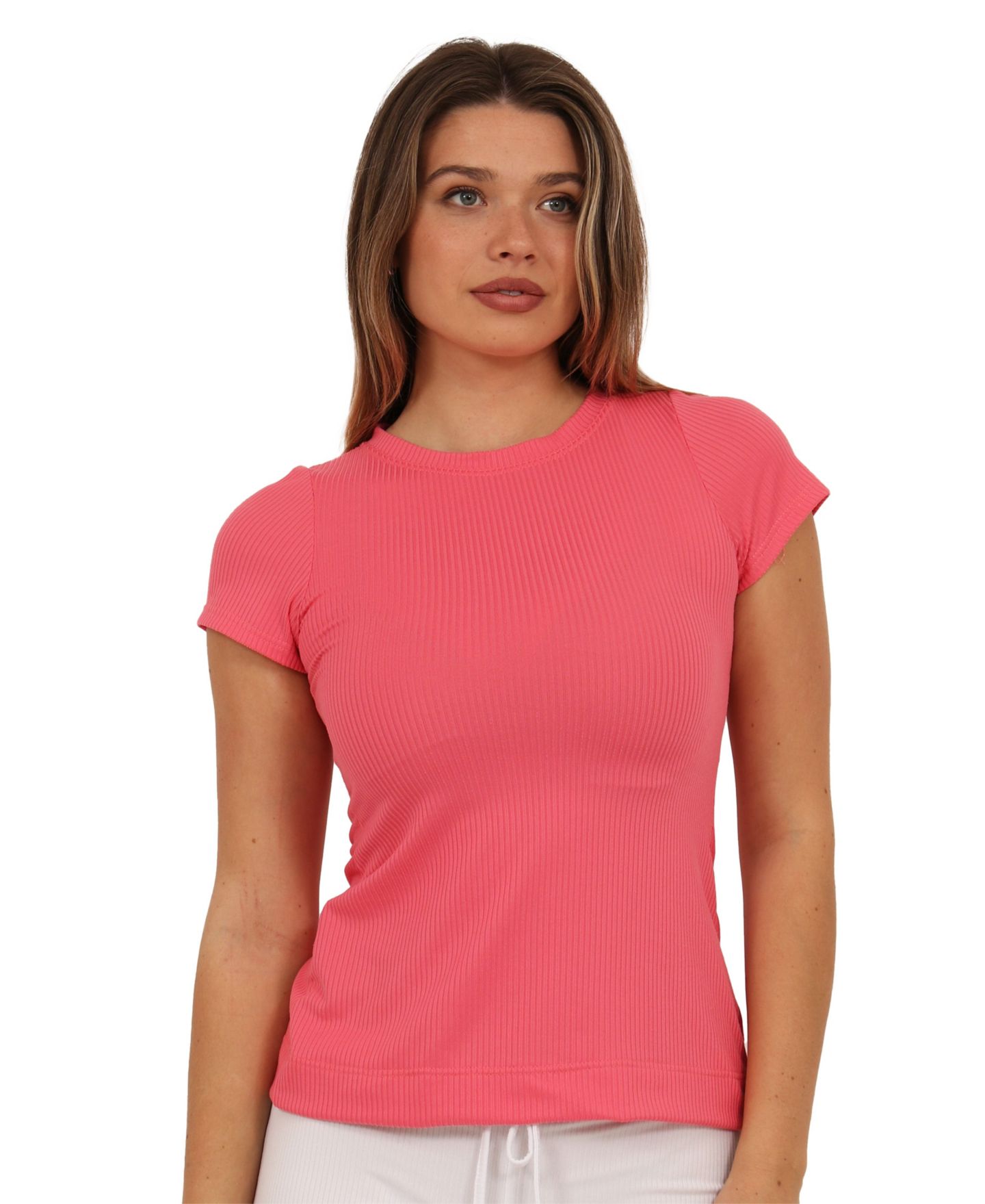Женский топ 24seven Comfort Apparel Ribbed Knit Short-Sleeve, цвет: Коралловый — фото 1