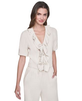 Women's V-Neck Short Puff-Sleeve Tie-Front Shirt