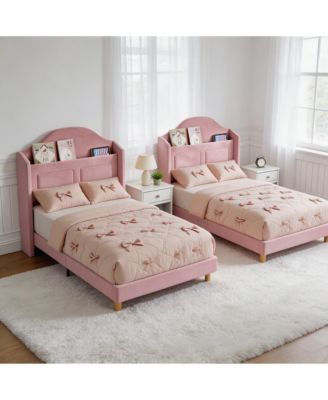 Set of 2 Twin Upholstered Bed for Kids - Soft Padded with LED Night Light, Storage and Sturdy Iron/Plywood/Sponge Frame - Easy Assembly