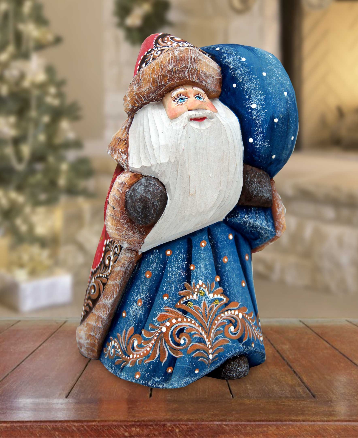 G.DeBrekht Woodcarved and Hand Painted Santa Reindeer Figurine with Bag