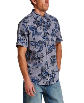 Men's Short-Sleeve Button Down Print Linen Cotton Shirt