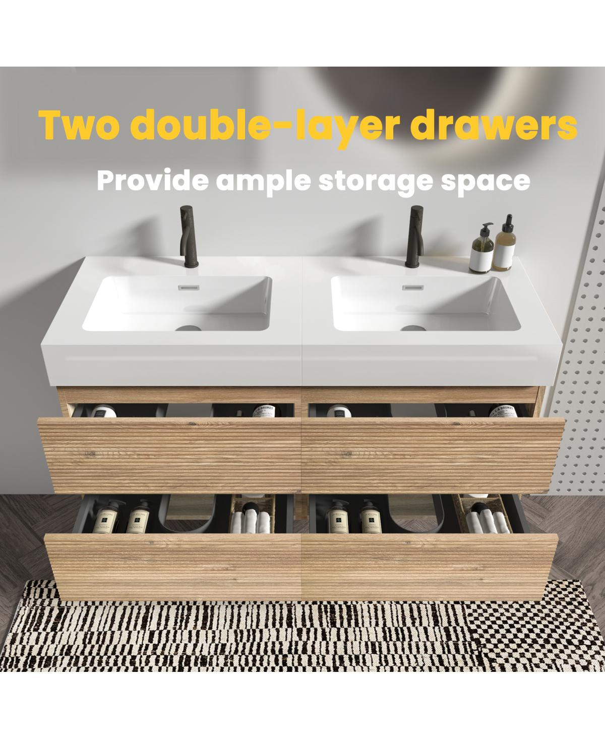 Sillysis Mid-Century Modern Bathroom Vanity with Oak Grille Double Drawers