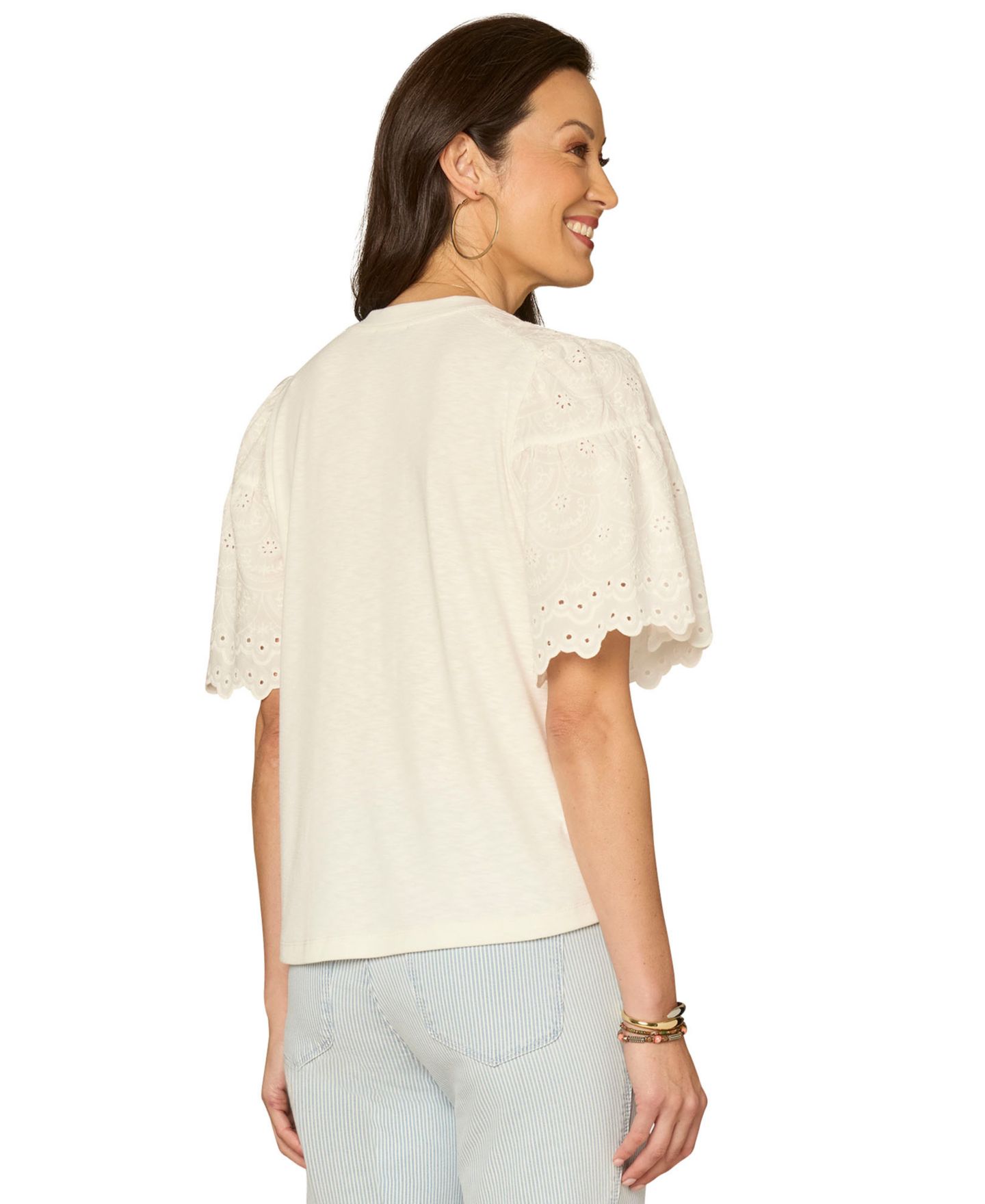 Женский топ Democracy Petite Puff-Sleeve Crewneck Shirttail Hem Knit, цвет: Молочный белый — фото 3