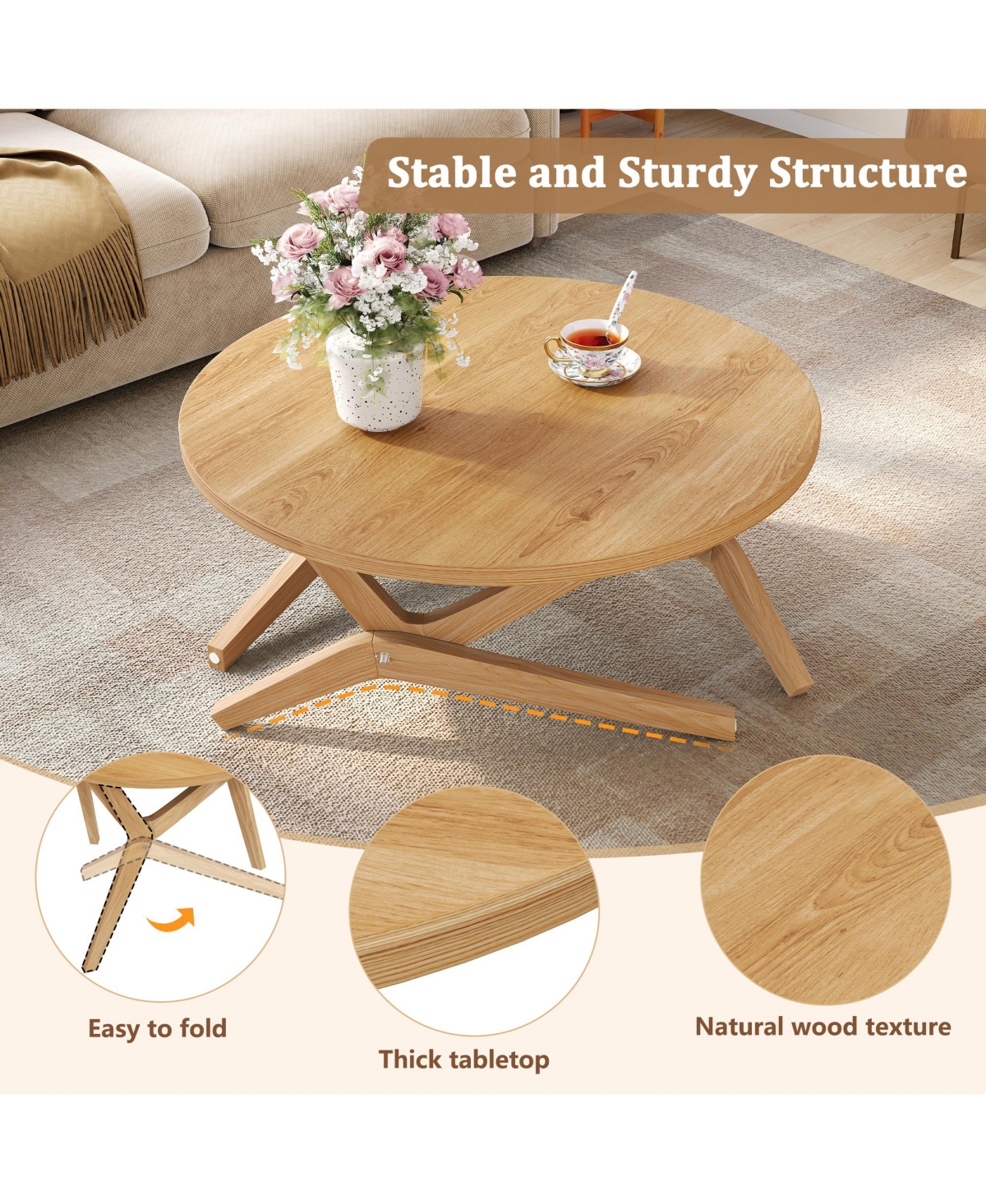 Rainsken 2-in-1 Round Transformer Coffee Table, Converts from Coffee Table to Cocktail Table, Space-Saving and Adjustable Height for Living Room