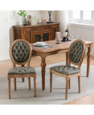 French Style Solid Wood Frame Dining Chair with PU Leather Upholstery and Nailhead Trim Set of 2