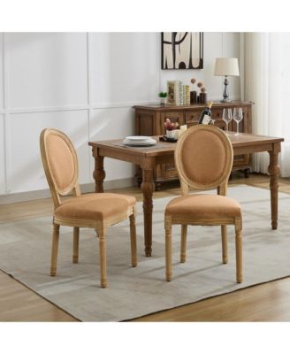 French Style Solid Wood Frame Dining Chair with Linen Fabric Back Set of 2