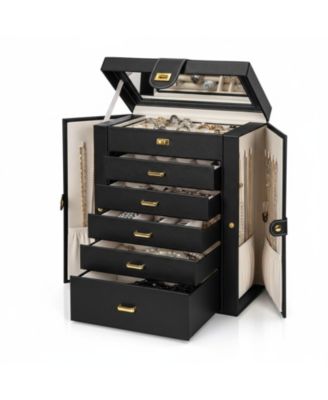 Extra Large 6-Tier Jewelry Organizer with Mirror 5 Drawers Leather Storage Case for Women
