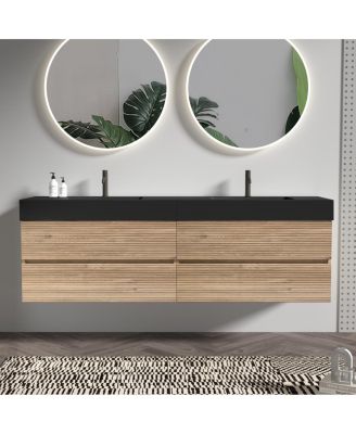 Mid-Century Modern Bathroom Vanity with Double Drawers, Quartz Basin, Wall Mounted Soft Close Storage Cabinet